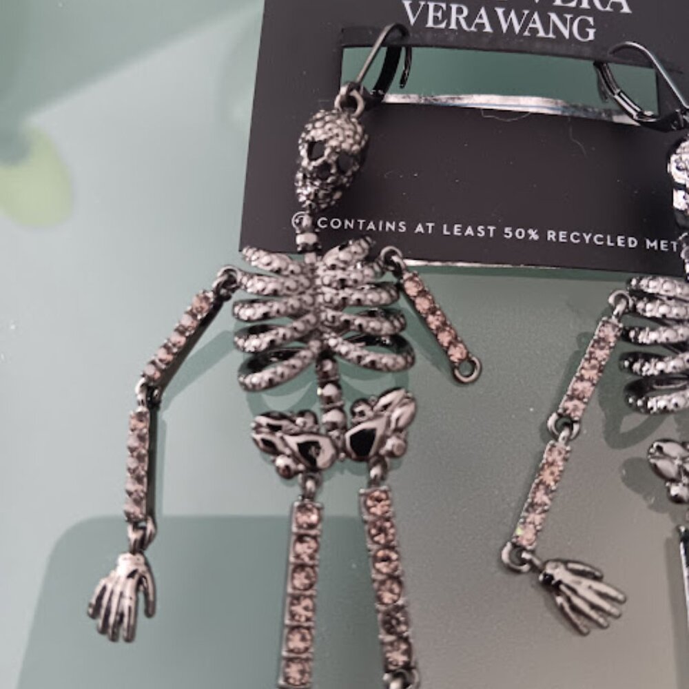 VERA WANG Halloween Goth Gunmetal/Rhinestone Articulated Skeleton Earrings**NEW - Picture 2 of 3